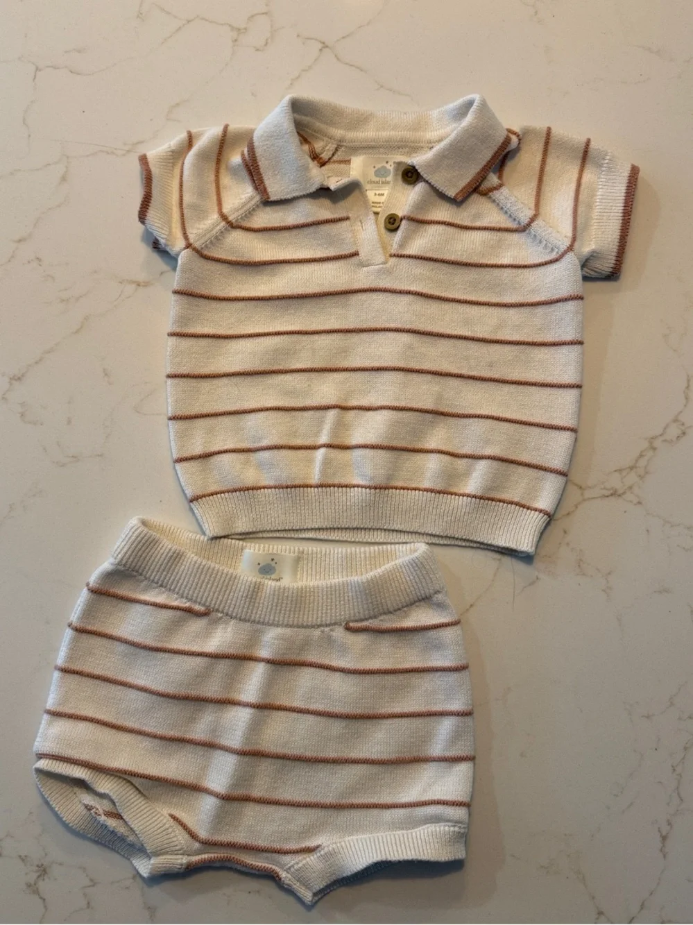 Cloud Island Cream Knit Polo & Striped Shorts Set